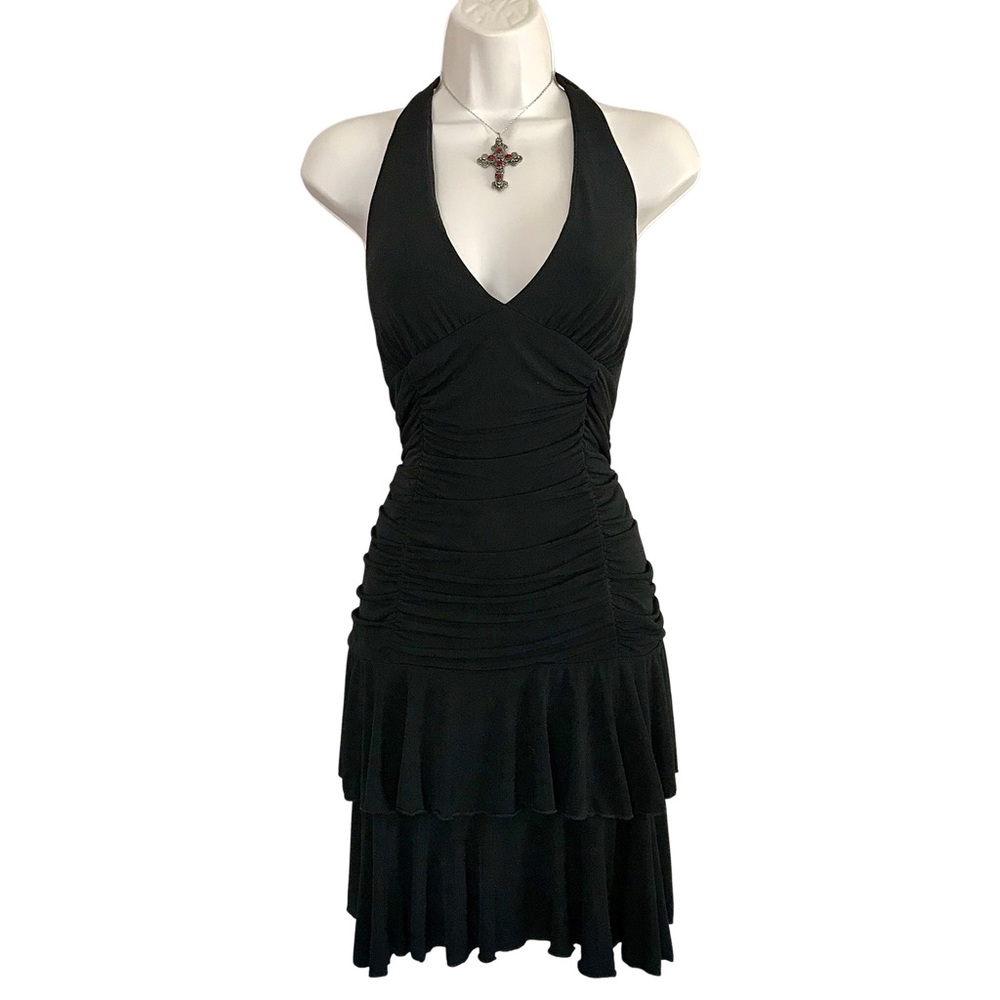 Vintage Style Y2K 90s Sexy Black Tiered Ruffle Halter Dress Ruched Goth Size XL